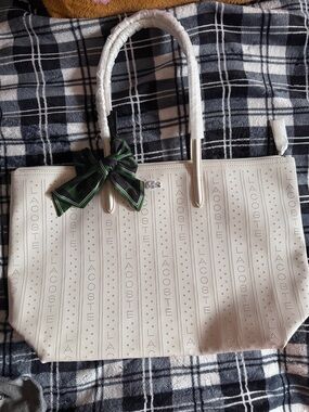 Lacoste Cream Perforated Tote with Green Scarf Bow
